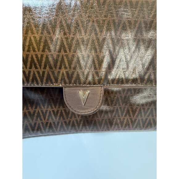 Authentic Valentino Vintage Brown V Monogram Clutch Foldover Faux Leather Womens - Picture 8 of 10